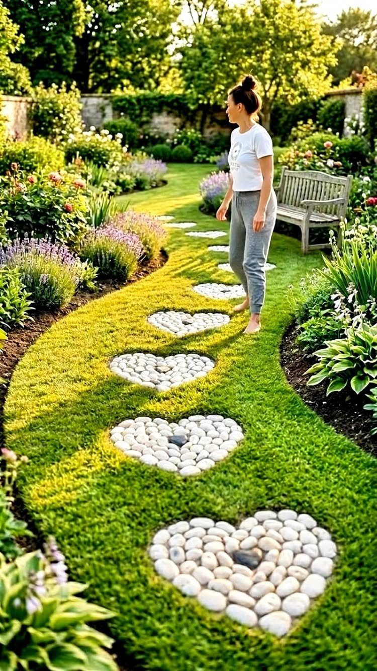 19 DIY Landscaping Ideas on a Budget for Any Yard 4 A woman walks along a winding grass path decorated with white heart-shaped stone patterns.