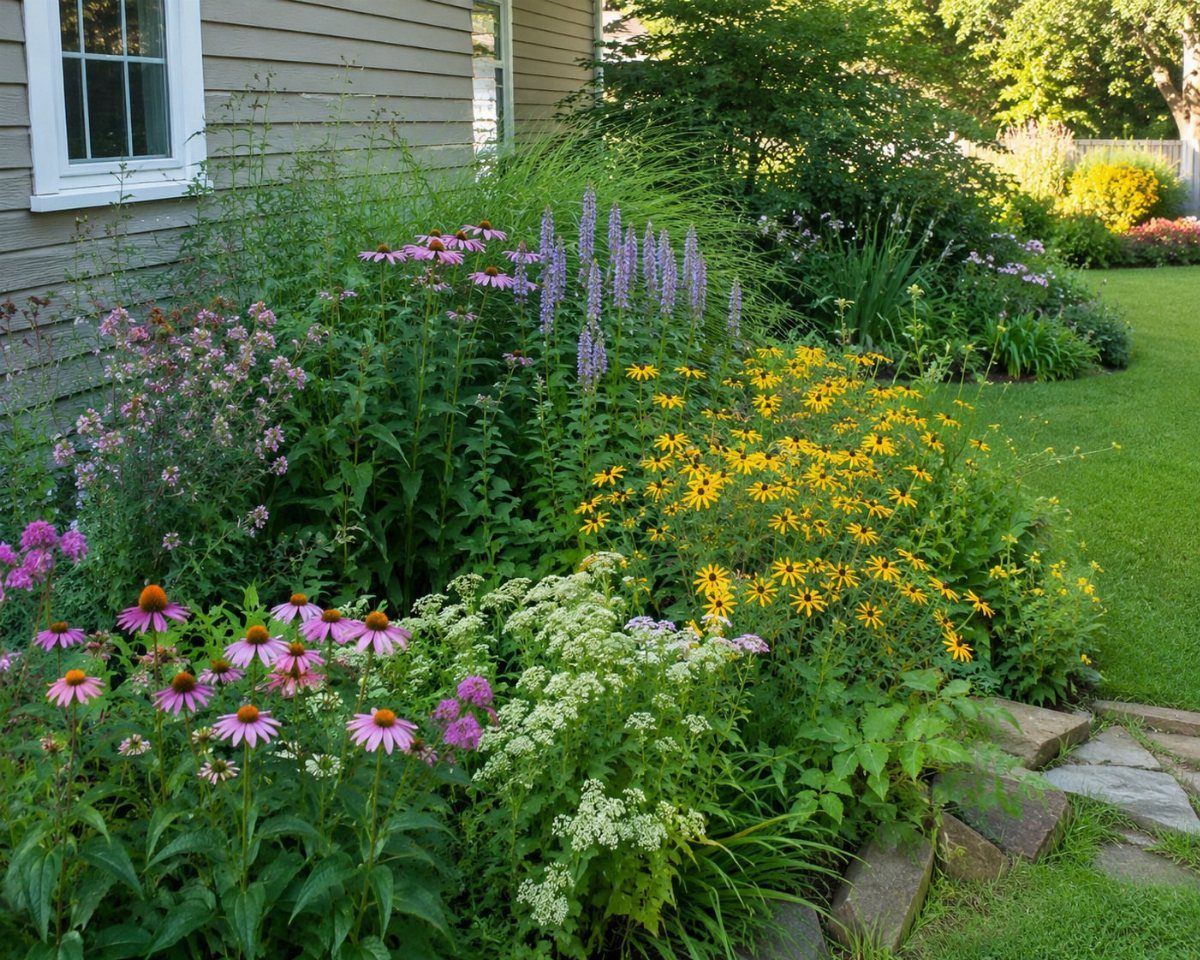19 DIY Landscaping Ideas on a Budget for Any Yard 10 Colorful wildflowers including purple coneflowers and yellow black-eyed Susans growing in a lush garden bed.