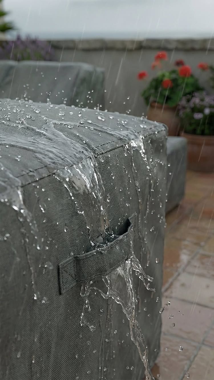 Water streaming off a grey waterproof furniture cover during a heavy rainstorm on a patio.