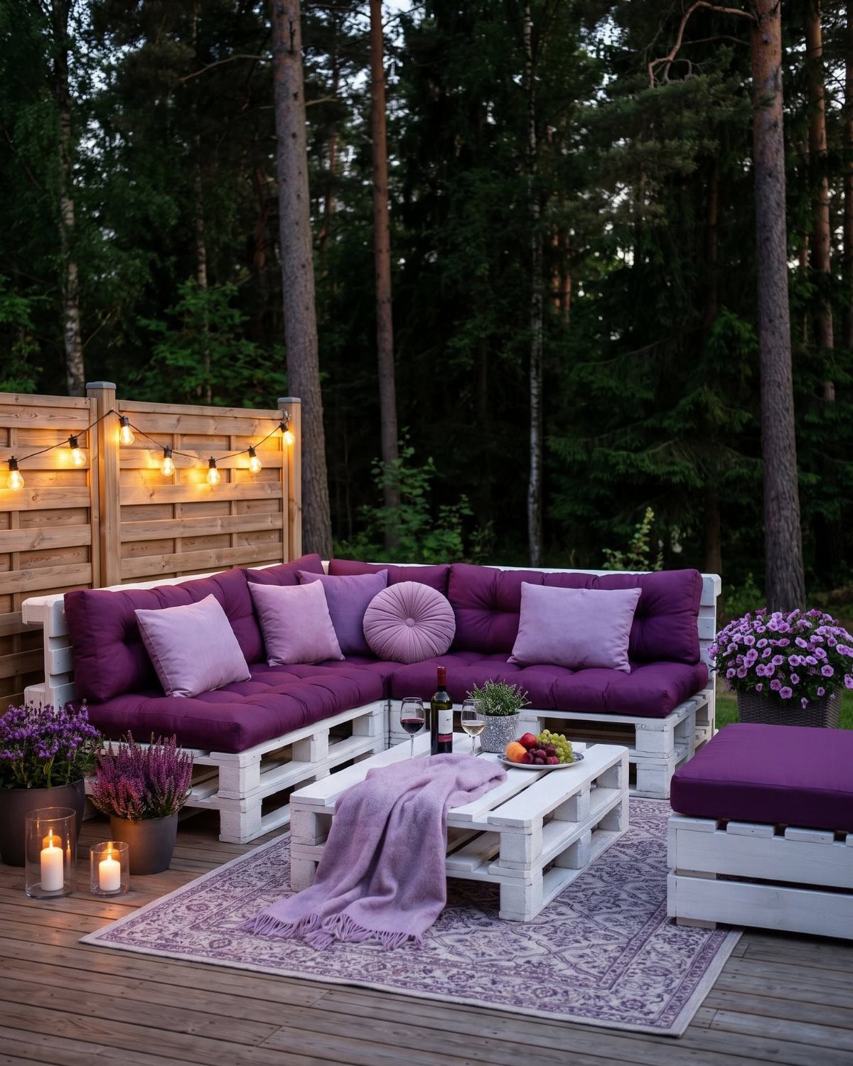 White pallet sectional sofa with purple cushions on a wooden deck in a forest setting.
