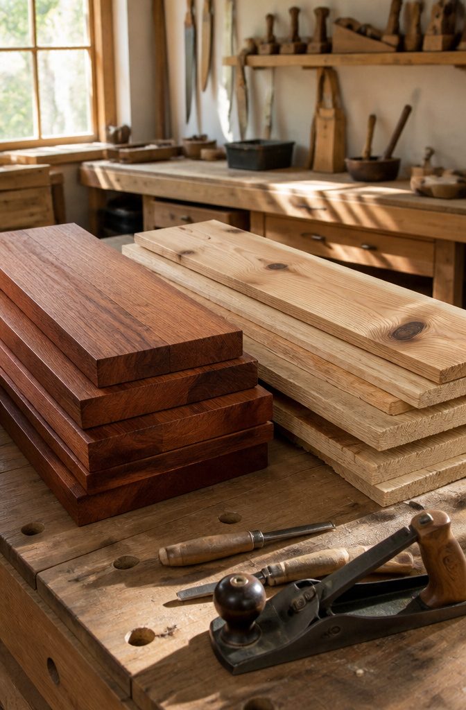 Stacks of redwood and cedar boards in a workshop.