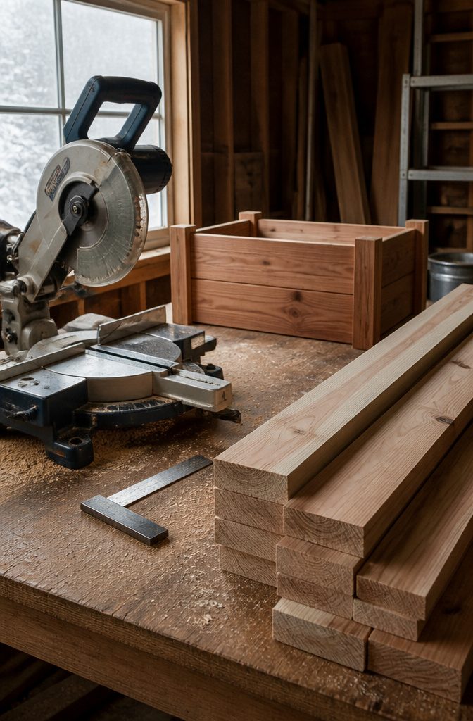 A miter saw and freshly cut cedar planks on a workbench.