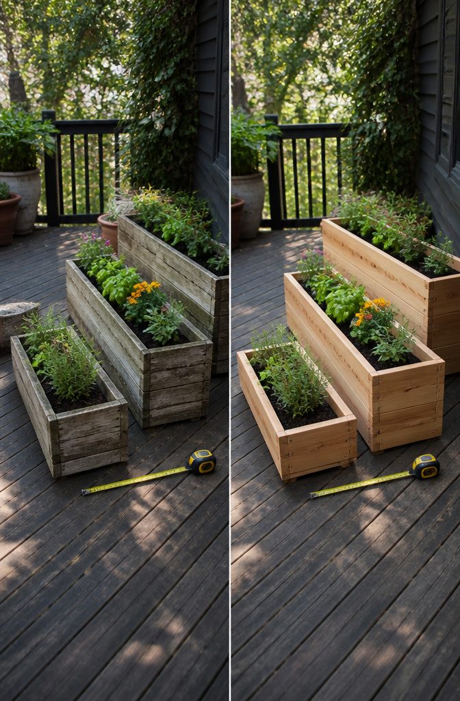 A measuring tape laid out beside wooden planter dimensions.