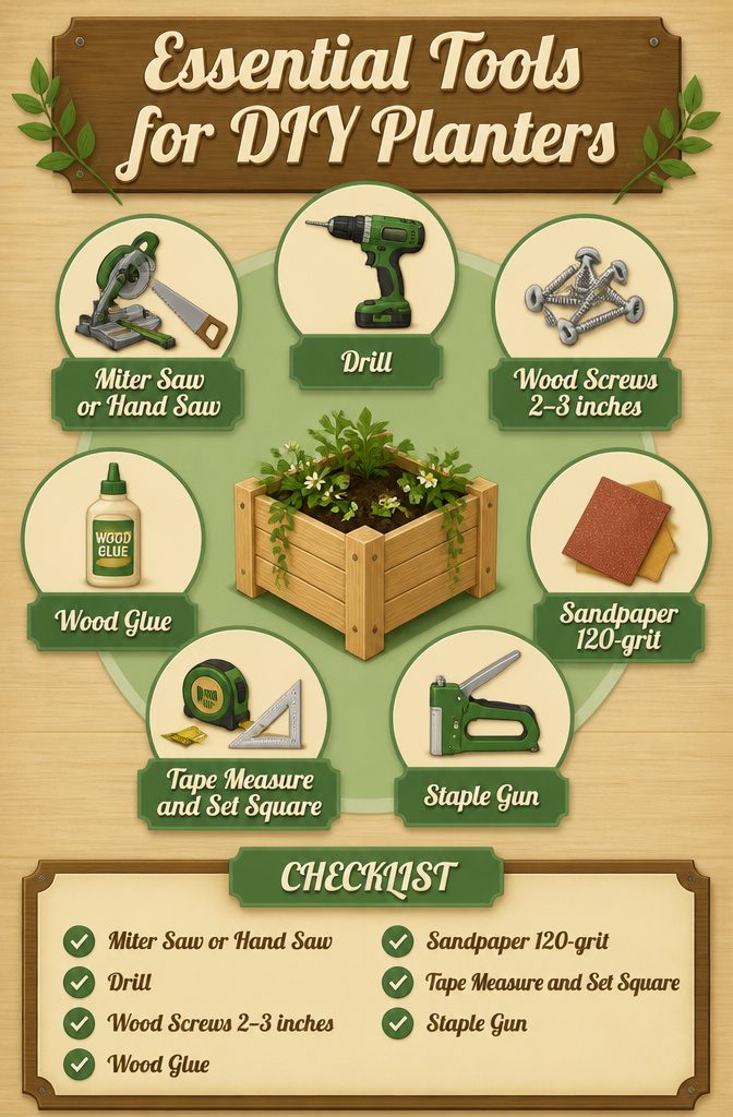 Essential tools for DIY planters including saw and drill.