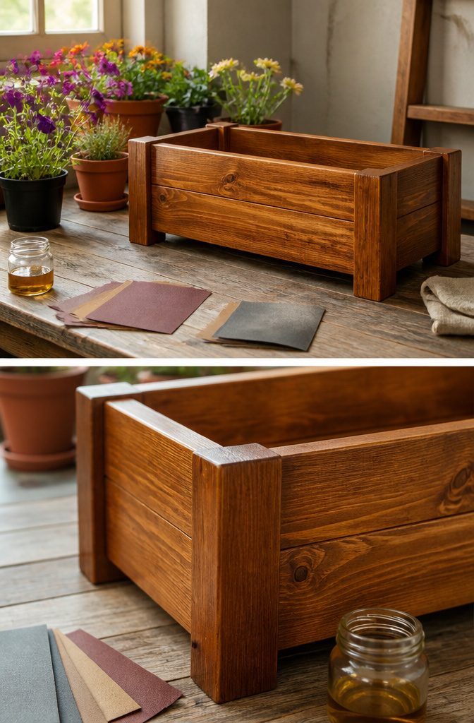 Sanded edges of a wooden planter with sealant materials nearby.