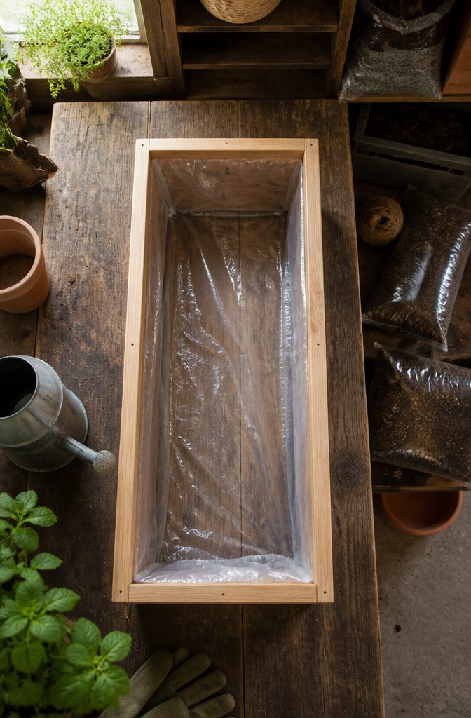 Interior of a wooden planter with a plastic liner stapled in.