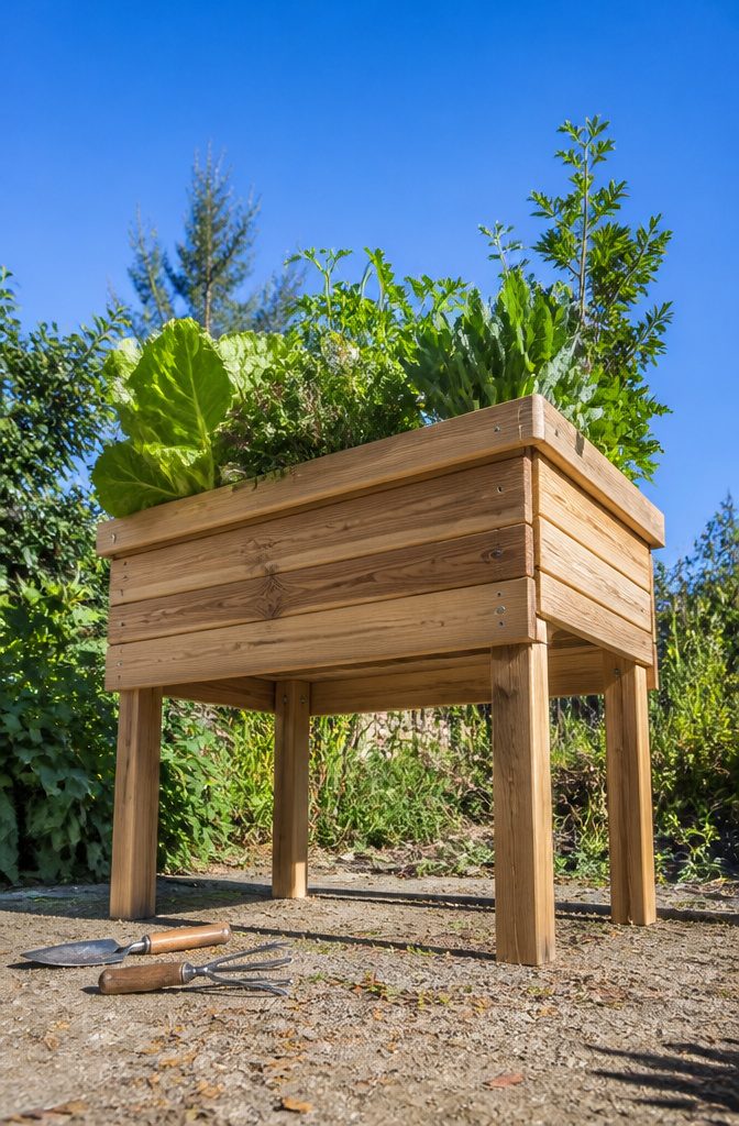 Raised planter boxes on legs positioned for gardening.