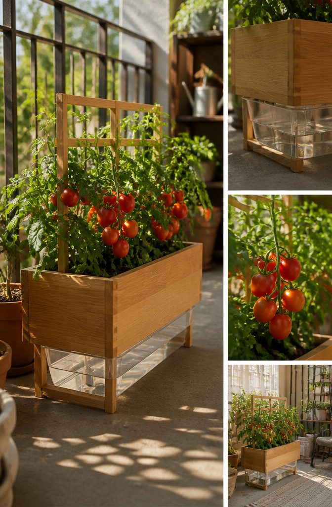 A self-watering planter with a reservoir system visible.