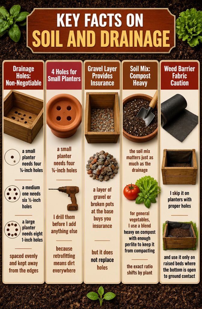 Diagram showing soil drainage and hole specifications.