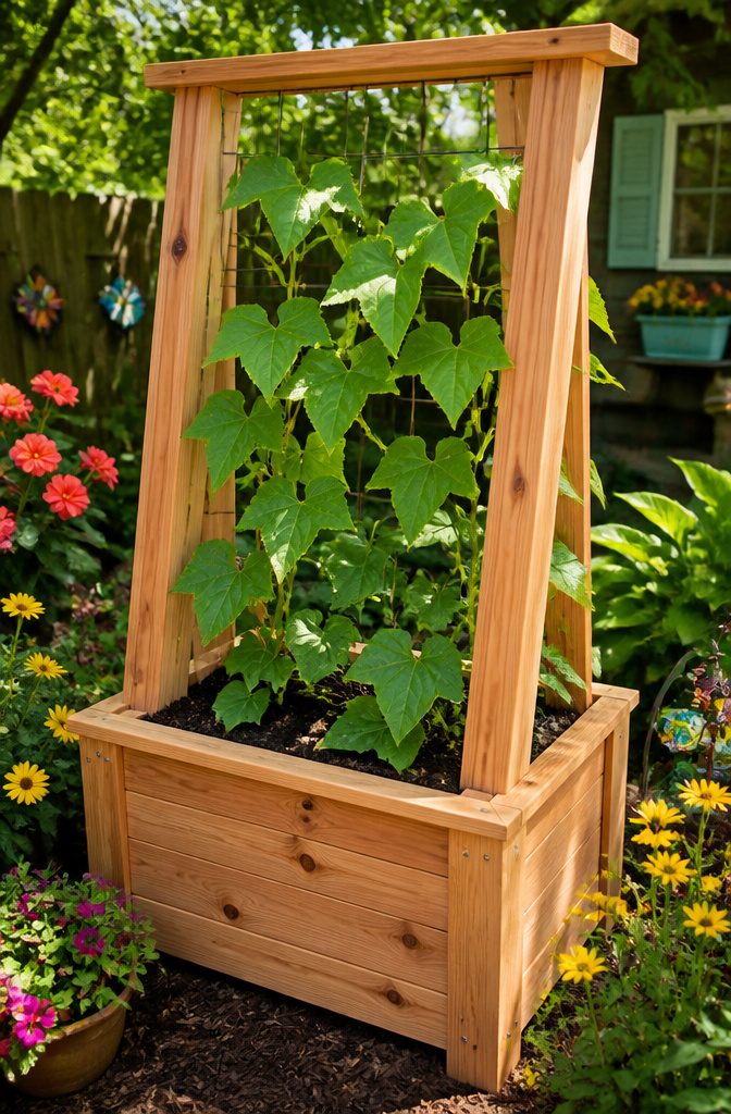 A planter box featuring an integrated trellis structure.