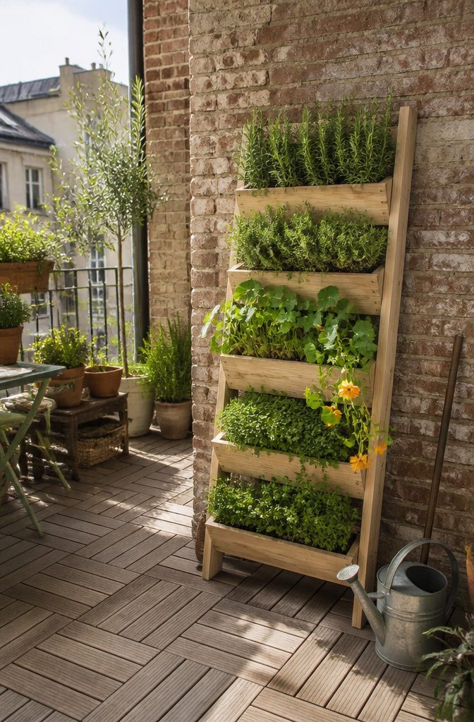 Vertical planter mounted against a wall with plants growing.