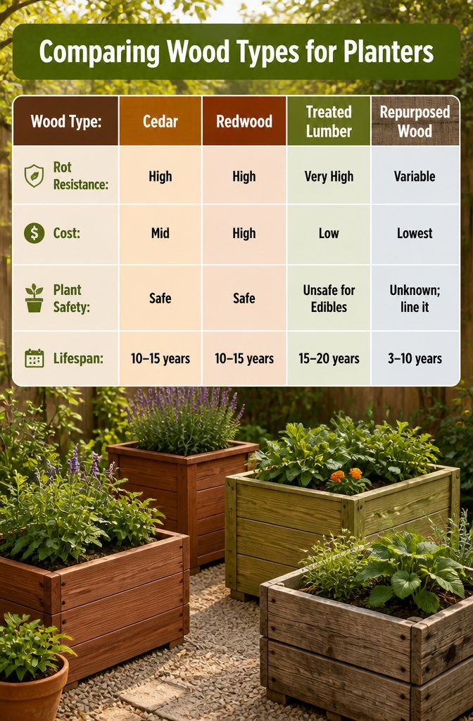 Comparison chart for different wood types used in planters.