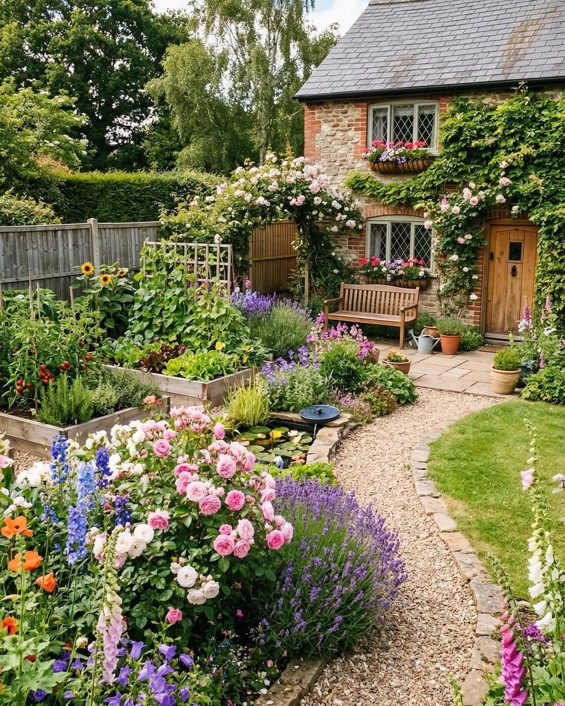 18 Farmhouse Backyard Ideas with Fire Pits, Herb Gardens & Outdoor Kitchens 1 Colorful flower gardens with a gravel pathway and stone edging next to a stone cottage.