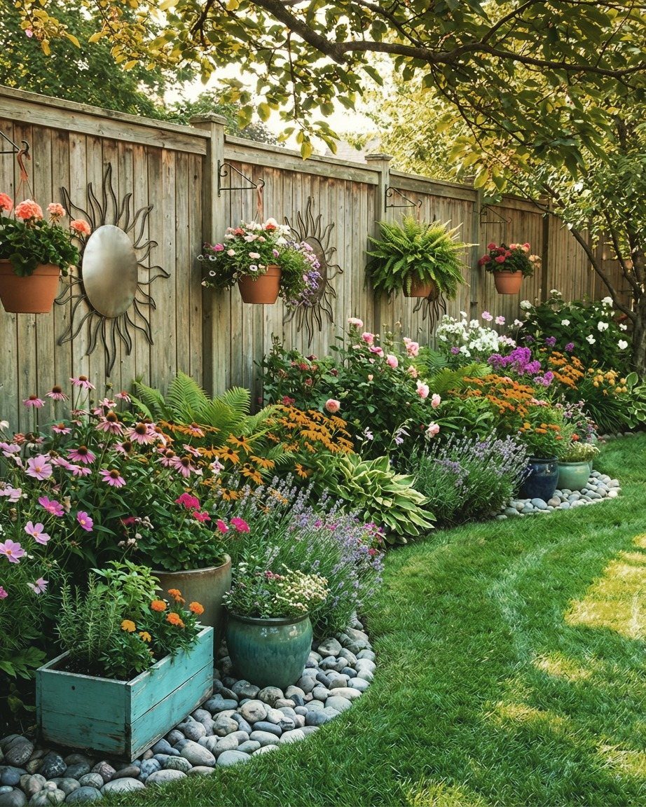 18 Farmhouse Backyard Ideas with Fire Pits, Herb Gardens & Outdoor Kitchens 7 Colorful garden flowers and green plants bordered by smooth grey river stones next to a lawn.