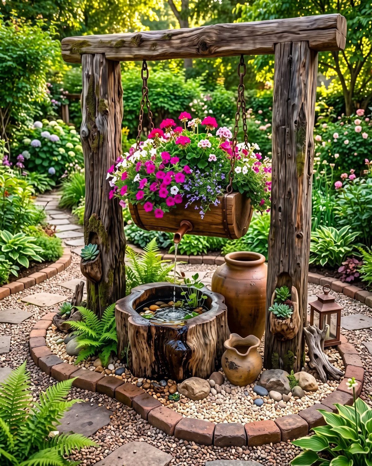 18 Farmhouse Backyard Ideas with Fire Pits, Herb Gardens & Outdoor Kitchens 11 Rustic wooden garden structure with a hanging flower planter and a water feature in a lush garden.