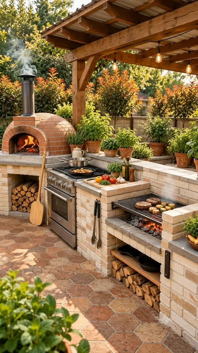 18 Farmhouse Backyard Ideas with Fire Pits, Herb Gardens & Outdoor Kitchens 8 Outdoor kitchen with brick pizza oven, grill, and potted plants under a wooden pergola.