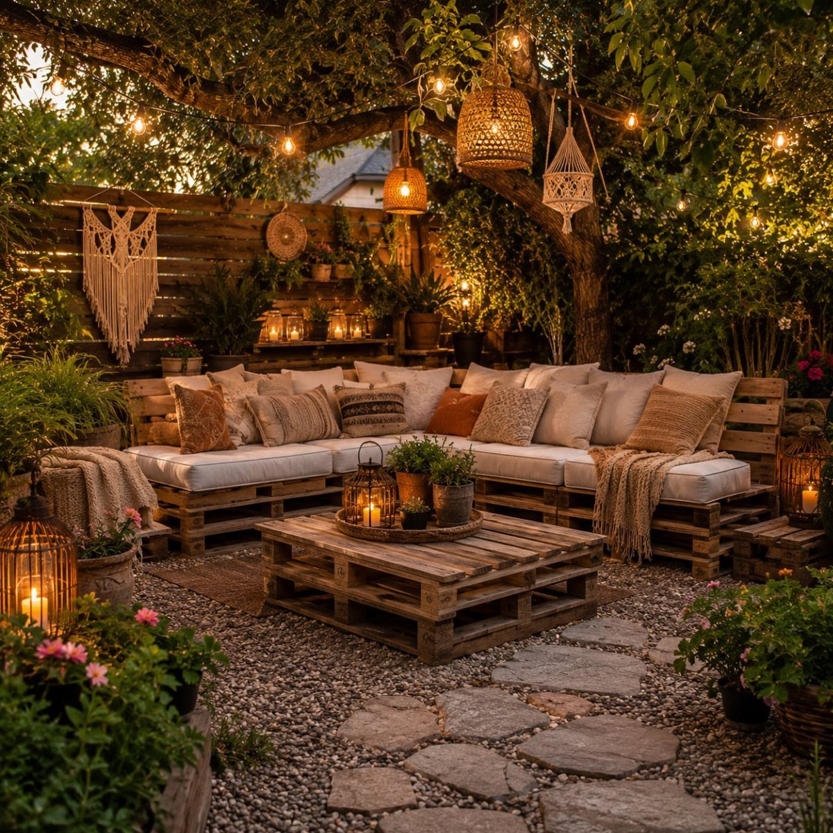 18 Farmhouse Backyard Ideas with Fire Pits, Herb Gardens & Outdoor Kitchens 9 A cozy outdoor living room with pallet furniture, plush cushions, and warm string lights in a garden.