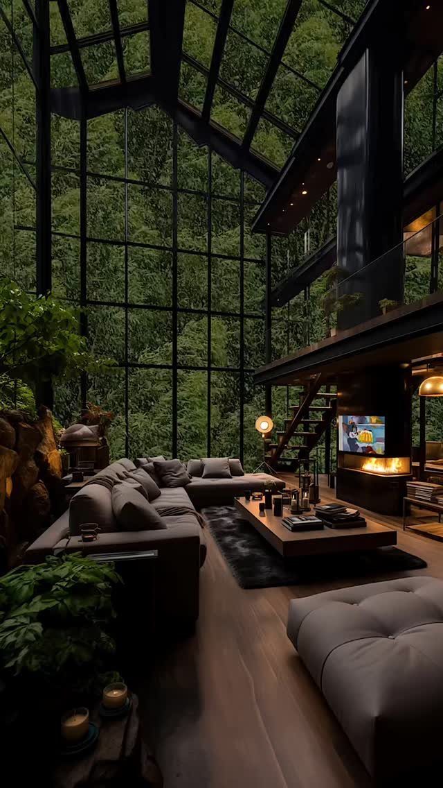 Modern living room with massive glass walls and ceiling overlooking a dense green forest.