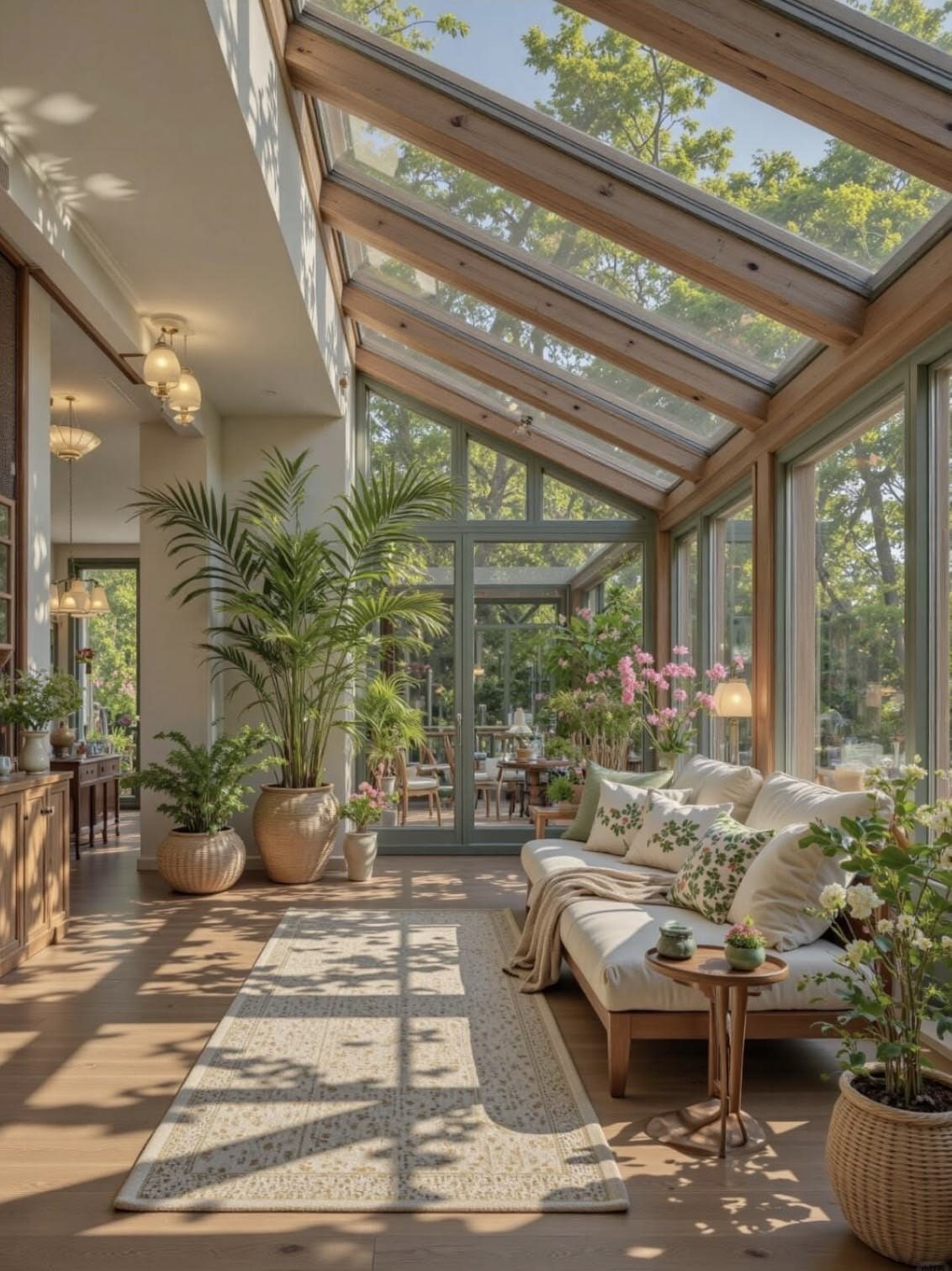 A sunlit sunroom with large glass windows, wooden beams, a white sofa, and lush green plants.