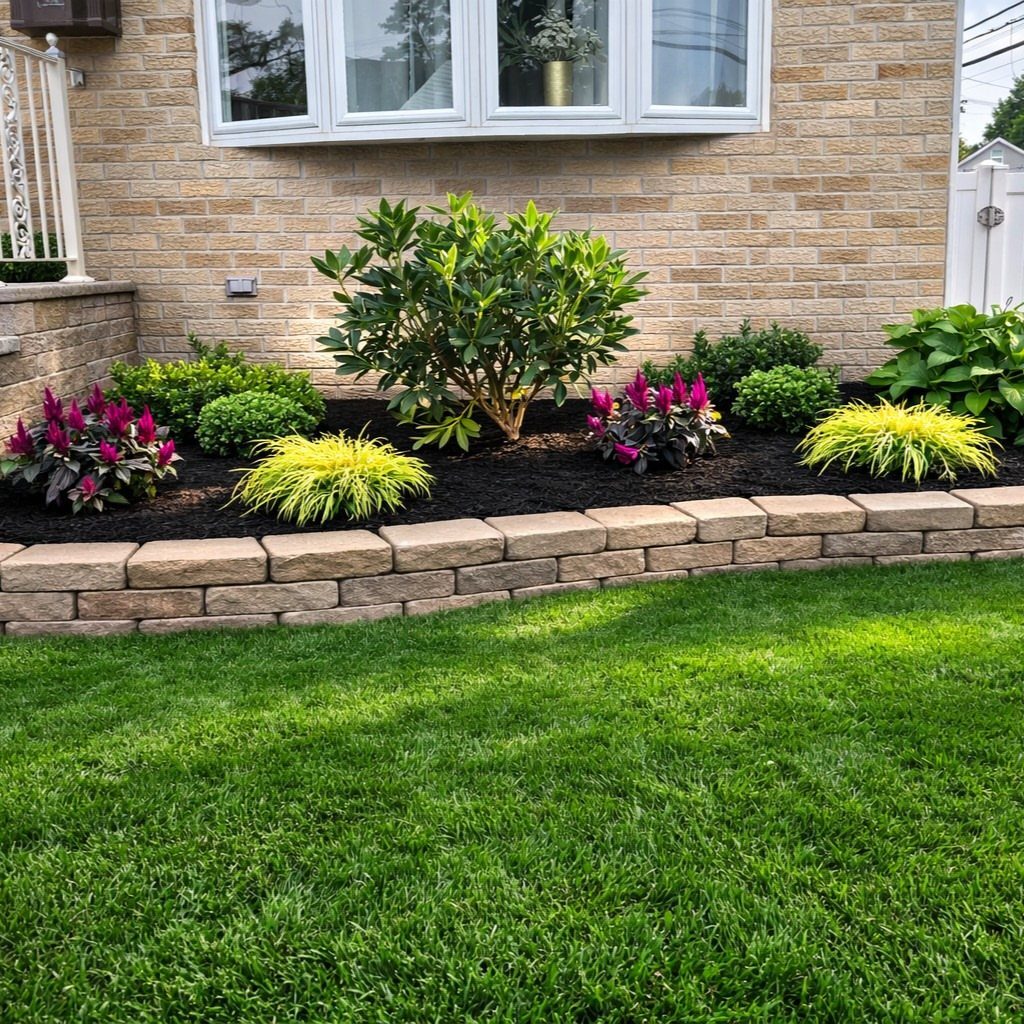 Landscaped garden bed with colorful plants and dark mulch bordered by a low stone wall.