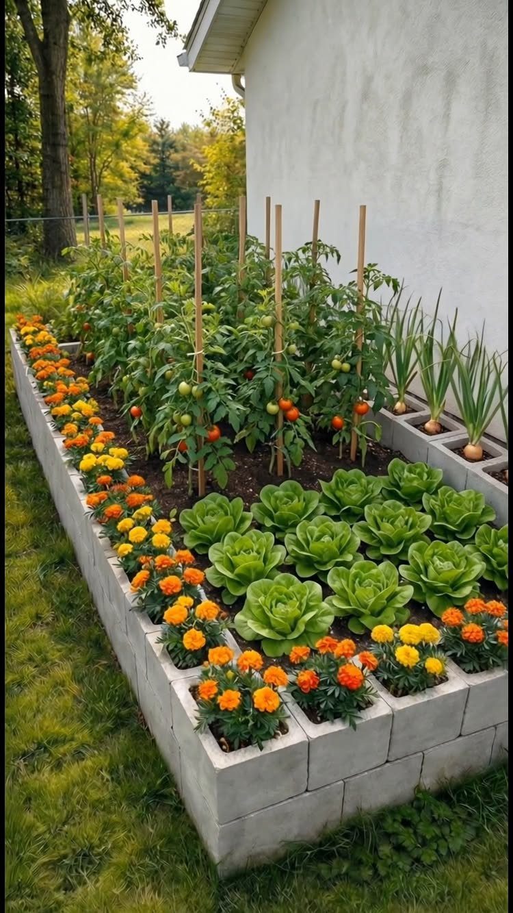 A long raised garden bed made of cinder blocks filled with vegetables and orange marigolds.