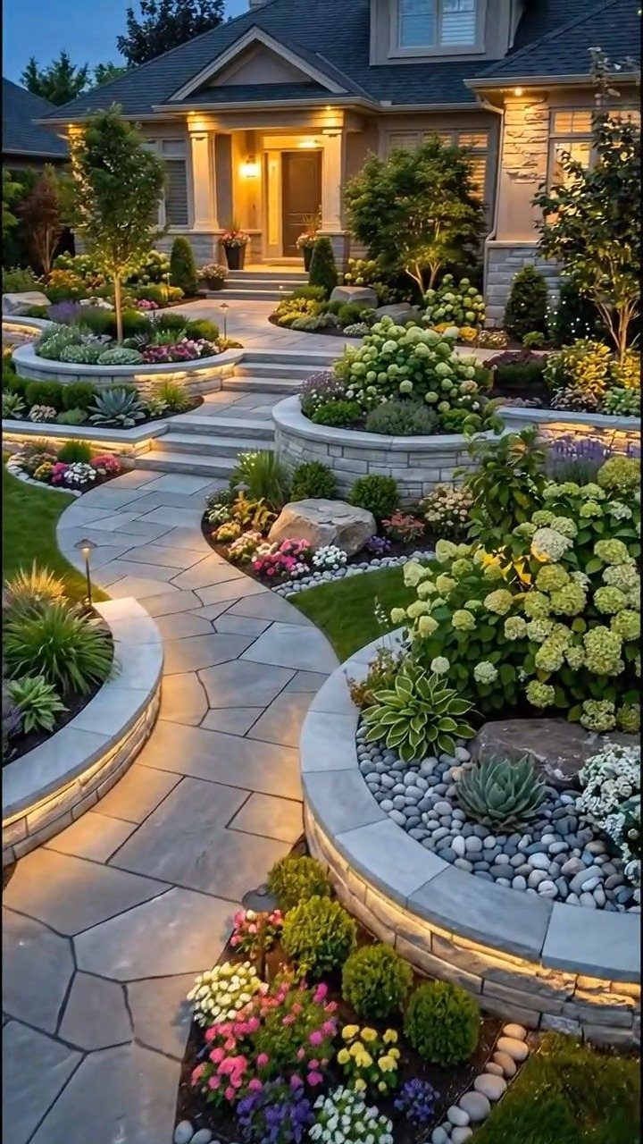 Stone walkway winding through a landscaped front yard with tiered stone garden beds and hydrangeas.