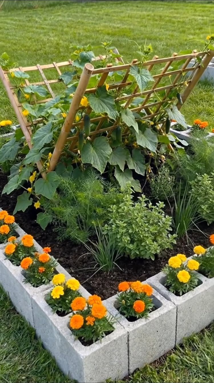Various plants including marigolds and climbing vines growing in a concrete block garden bed.