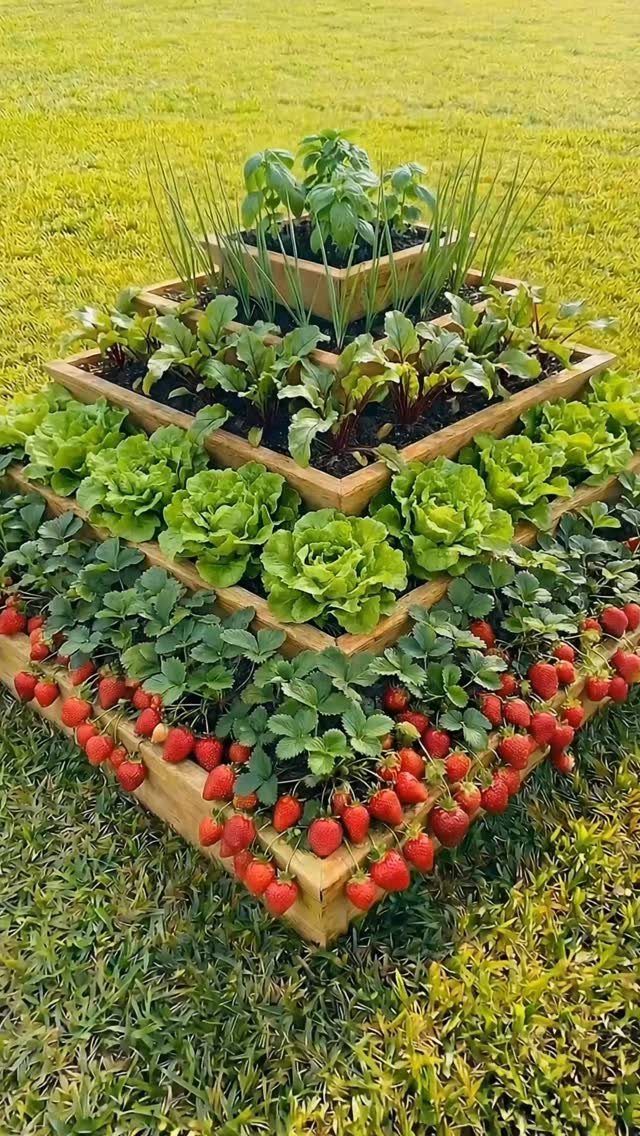 A tiered wooden raised garden bed overflowing with strawberries, lettuce, and various green leafy vegetables.