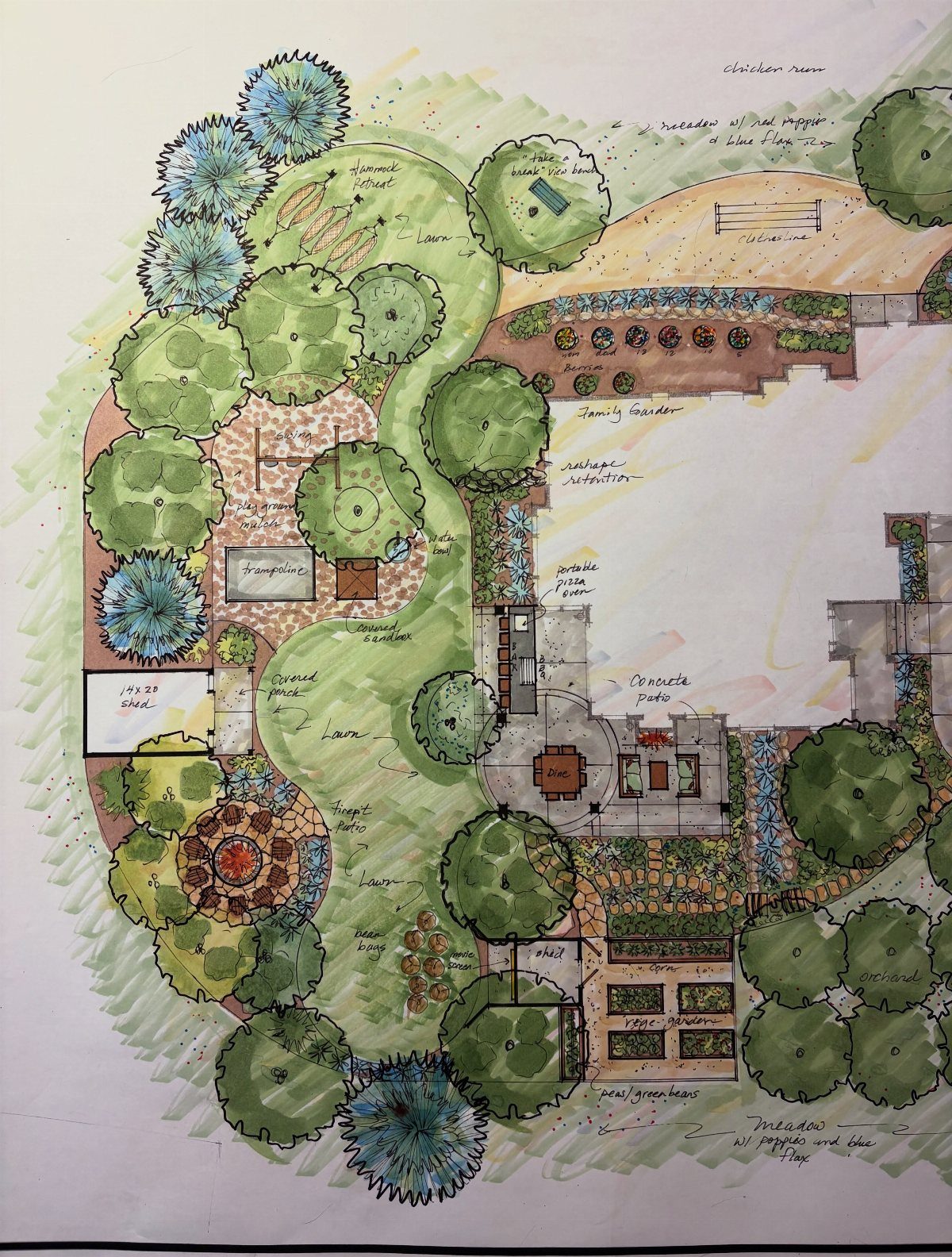 Garden Design Drawing: 11 Layouts and Sketches to Try 5 Hand-drawn watercolor garden design plan showing trees, paths, and various landscape zones on paper.