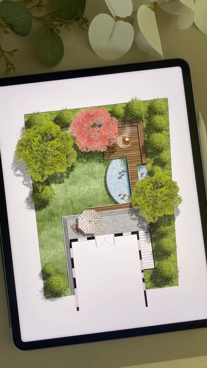 Garden Design Drawing: 11 Layouts and Sketches to Try 10 Digital garden design drawing on a tablet showing landscaping, trees, and a pool layout.
