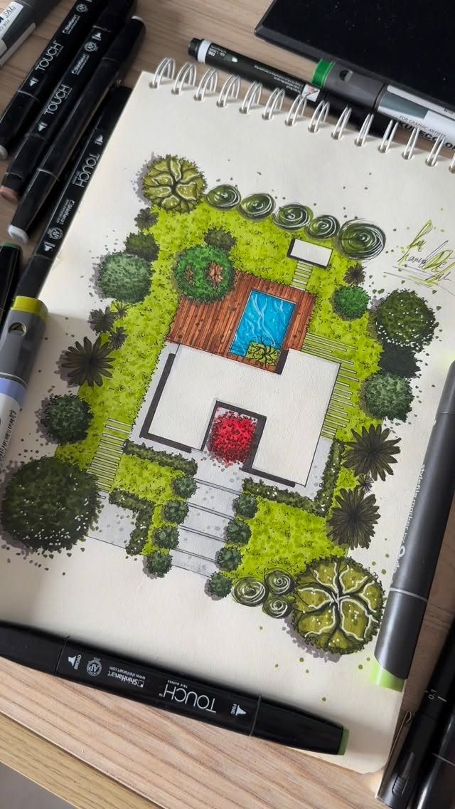 Garden Design Drawing: 11 Layouts and Sketches to Try 11 A colorful hand-drawn garden landscape design sketch in a spiral notebook surrounded by markers.