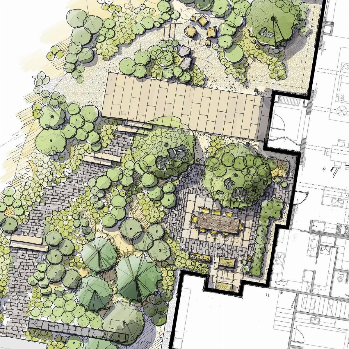 Garden Design Drawing: 11 Layouts and Sketches to Try 3 Hand-drawn garden landscape plan featuring paved patios, stone paths, various trees, and outdoor seating areas.