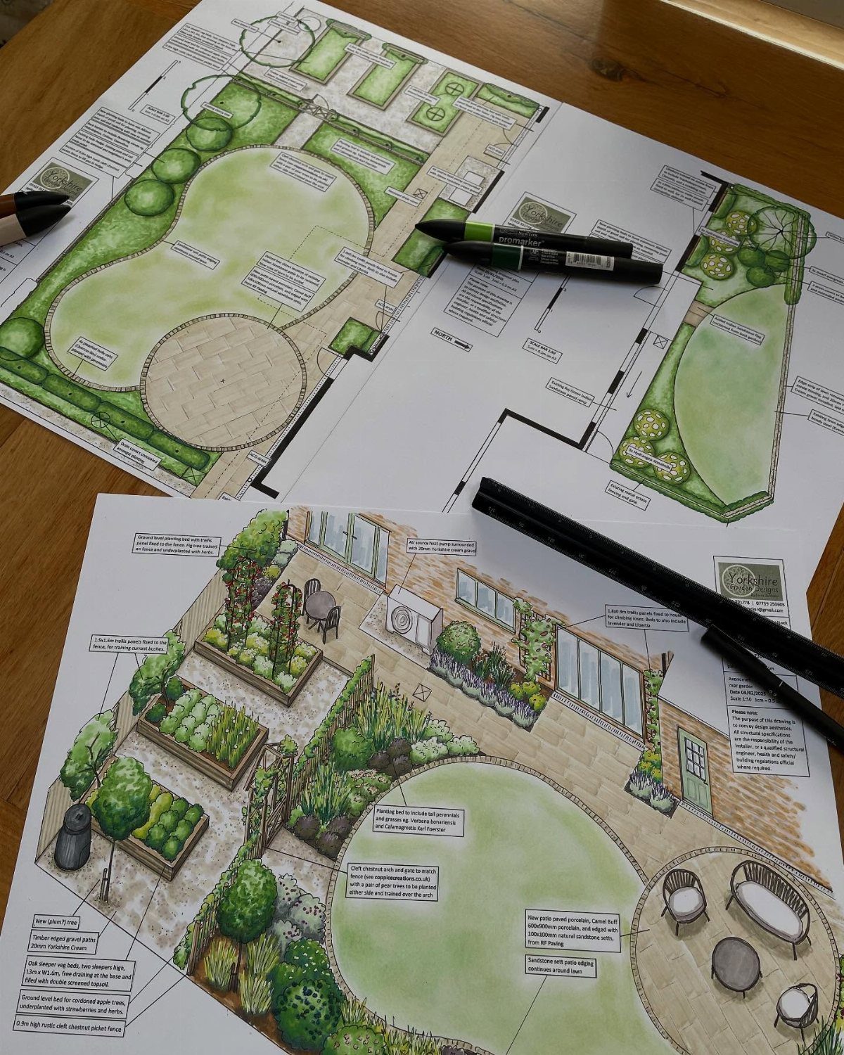 Garden Design Drawing: 11 Layouts and Sketches to Try 4 Hand-drawn garden design sketches with colorful layouts, markers, and a ruler on a wooden surface.