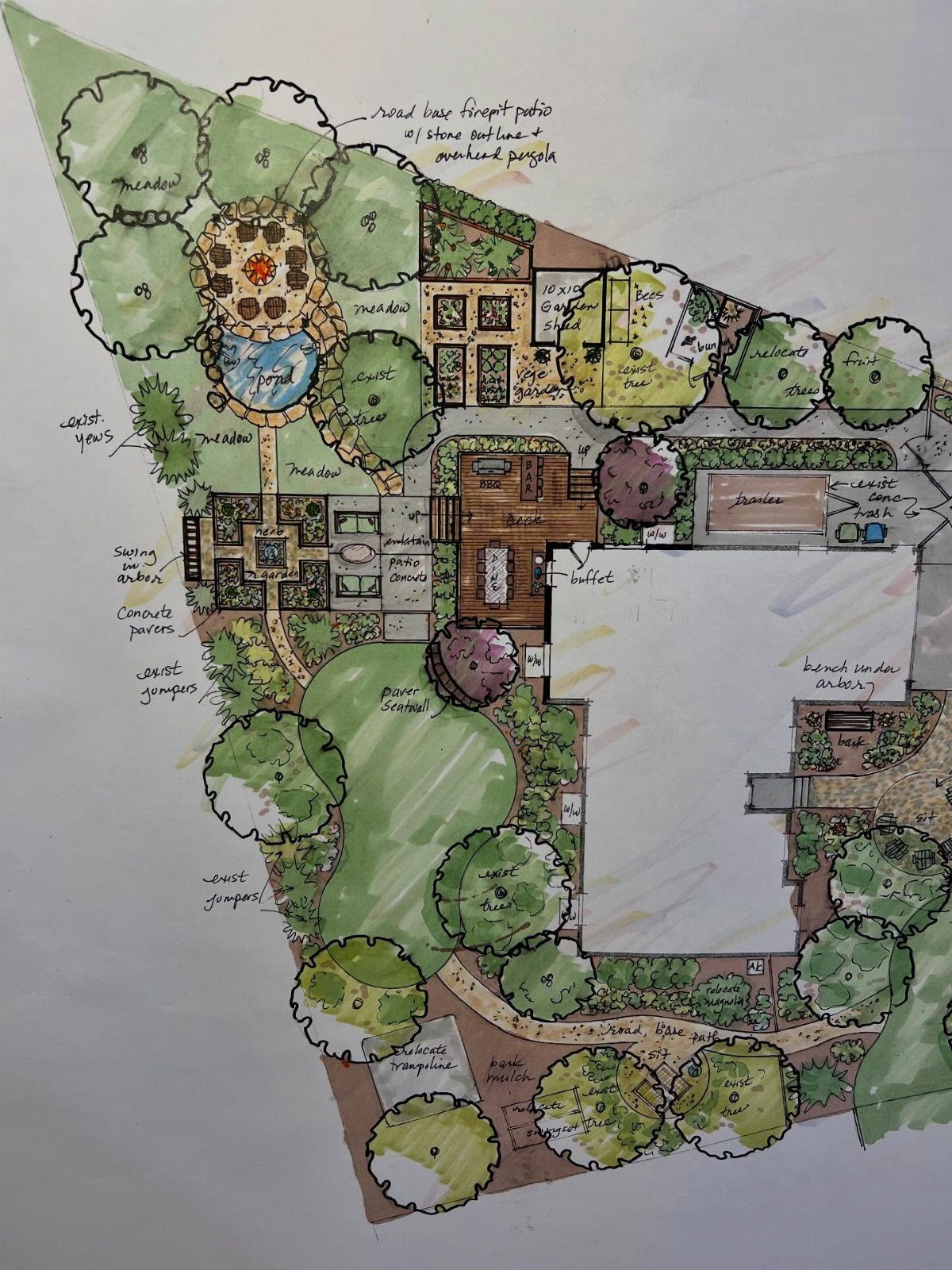 Garden Design Drawing: 11 Layouts and Sketches to Try 7 Hand-drawn garden design plan with watercolor trees, a pond, and various landscape features.