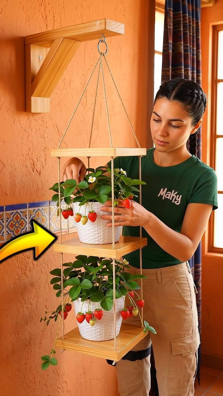 A woman tending to ripe strawberries growing in a tiered hanging planter setup.