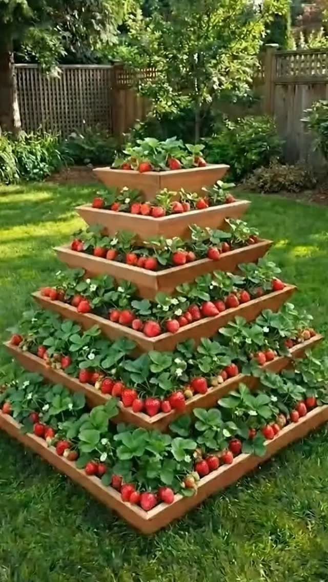 A tiered wooden pyramid planter filled with green strawberry plants and ripe red strawberries on a lawn.