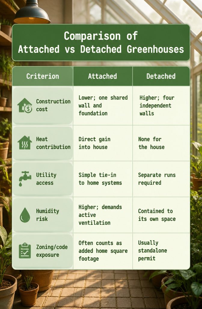 Comparison of attached versus detached greenhouses.