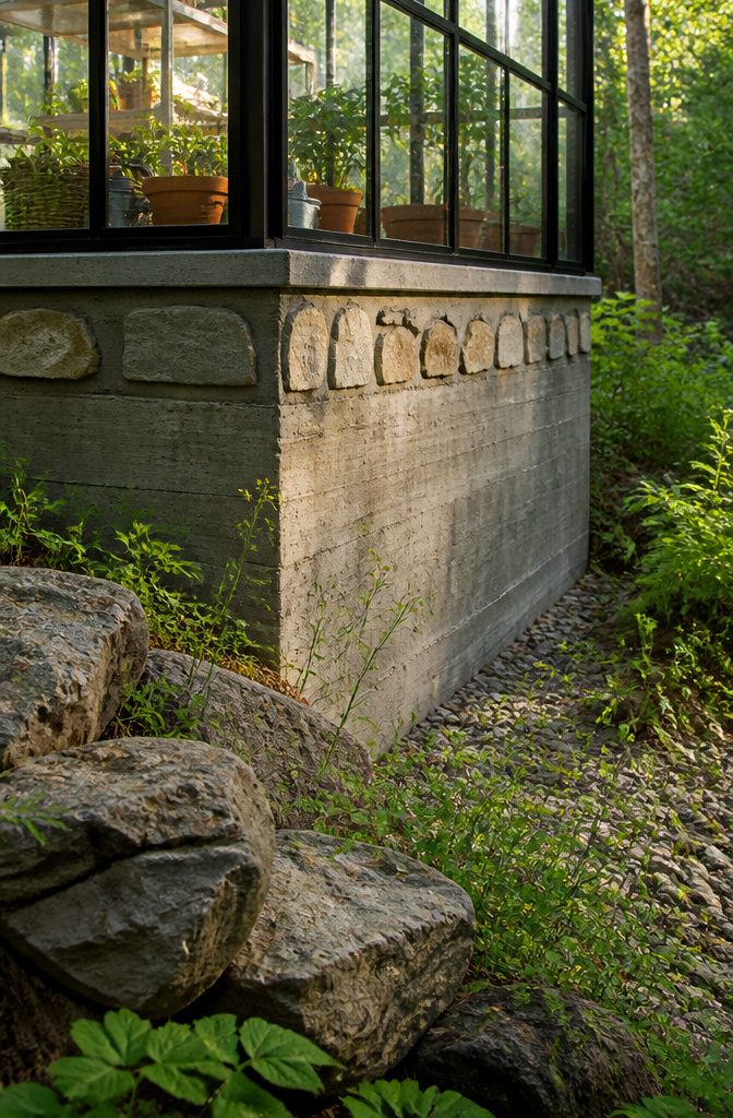 A concrete foundation wall surrounded by greenery.