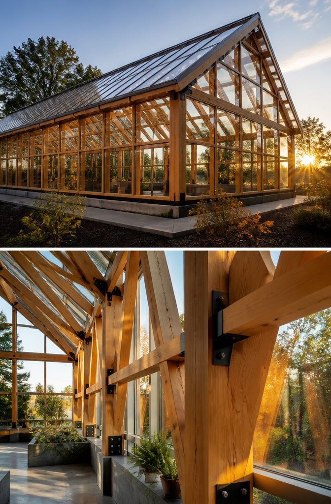 Wood framing for a greenhouse, showing 2×6 lumber construction.