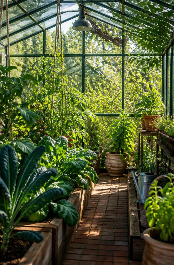 Lush plants growing in a greenhouse environment.