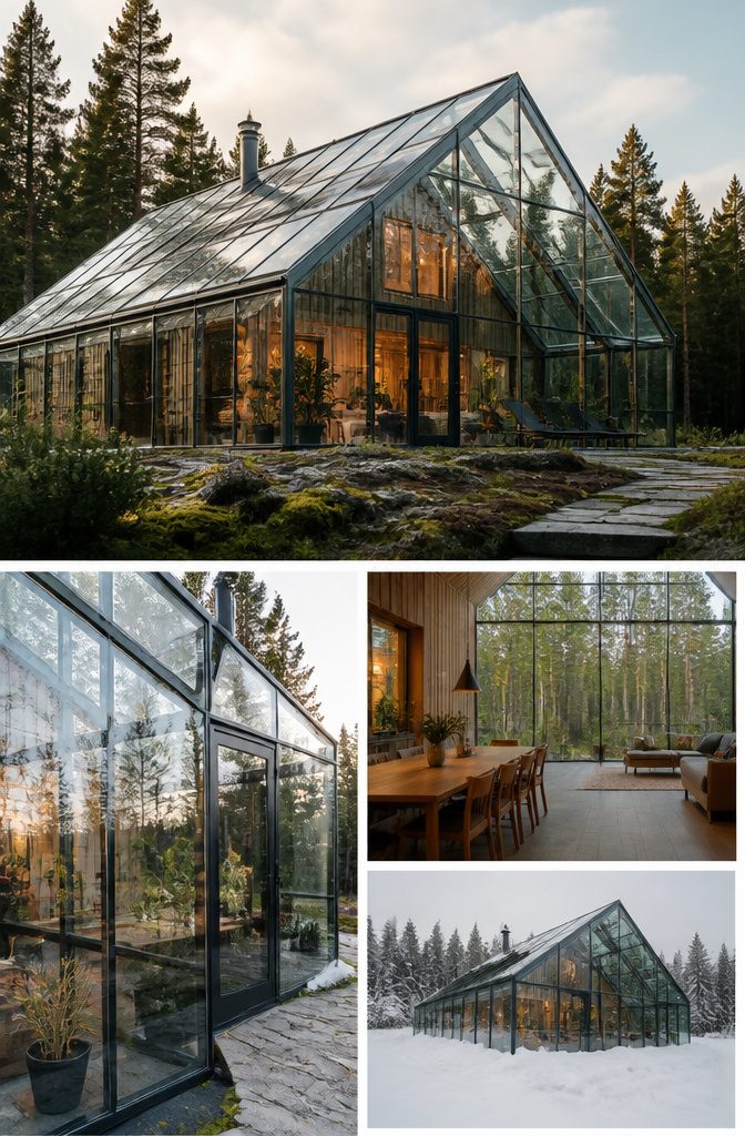 Examples of eco-luxury homes and attached greenhouses.