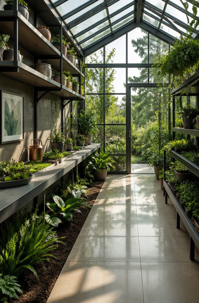 Functional shelving and planting areas in a greenhouse.