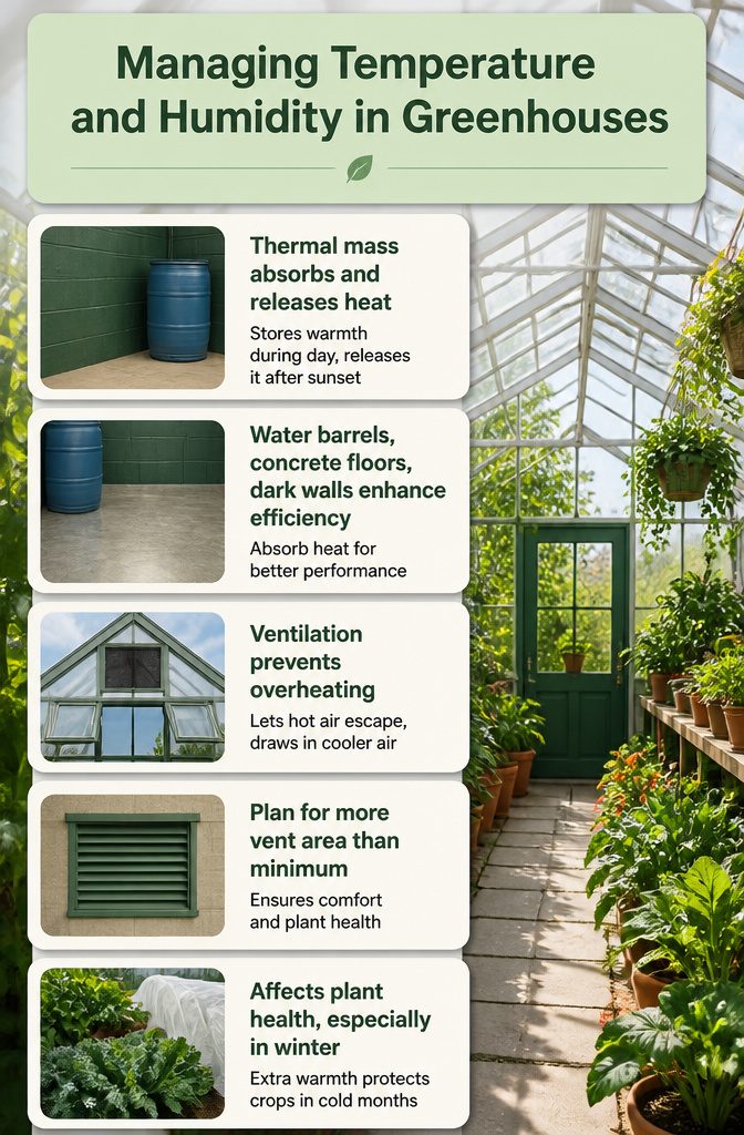 Water barrels and concrete floors for temperature control.