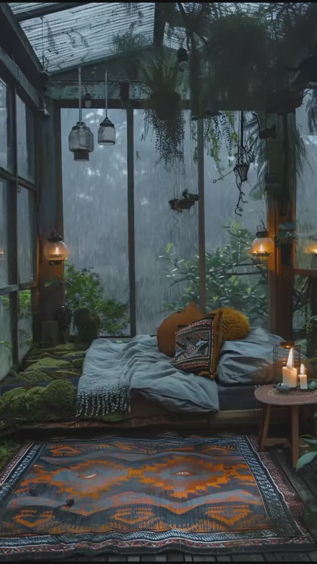 A cozy bed and rug set inside a glass greenhouse during a rainy day.