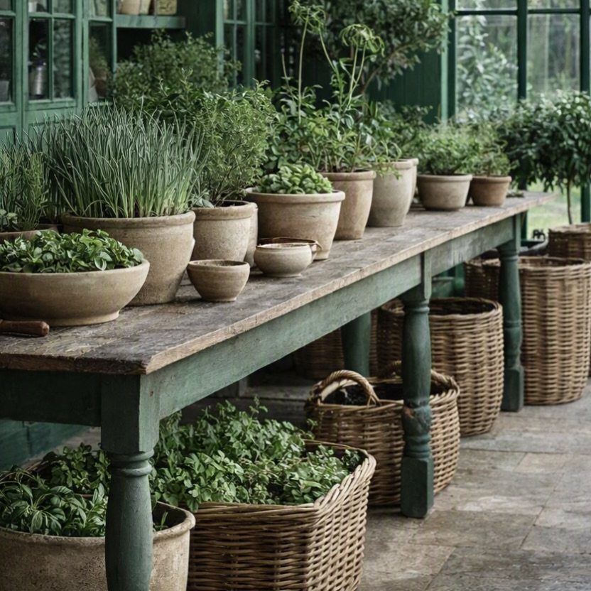 Small herb pots arranged on a long wooden table inside a lush green greenhouse.