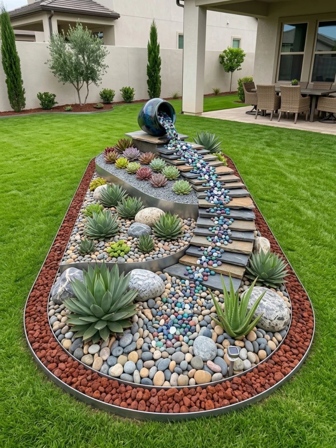 Succulents and colorful pebbles arranged in a landscaped garden bed with a blue ceramic pot.