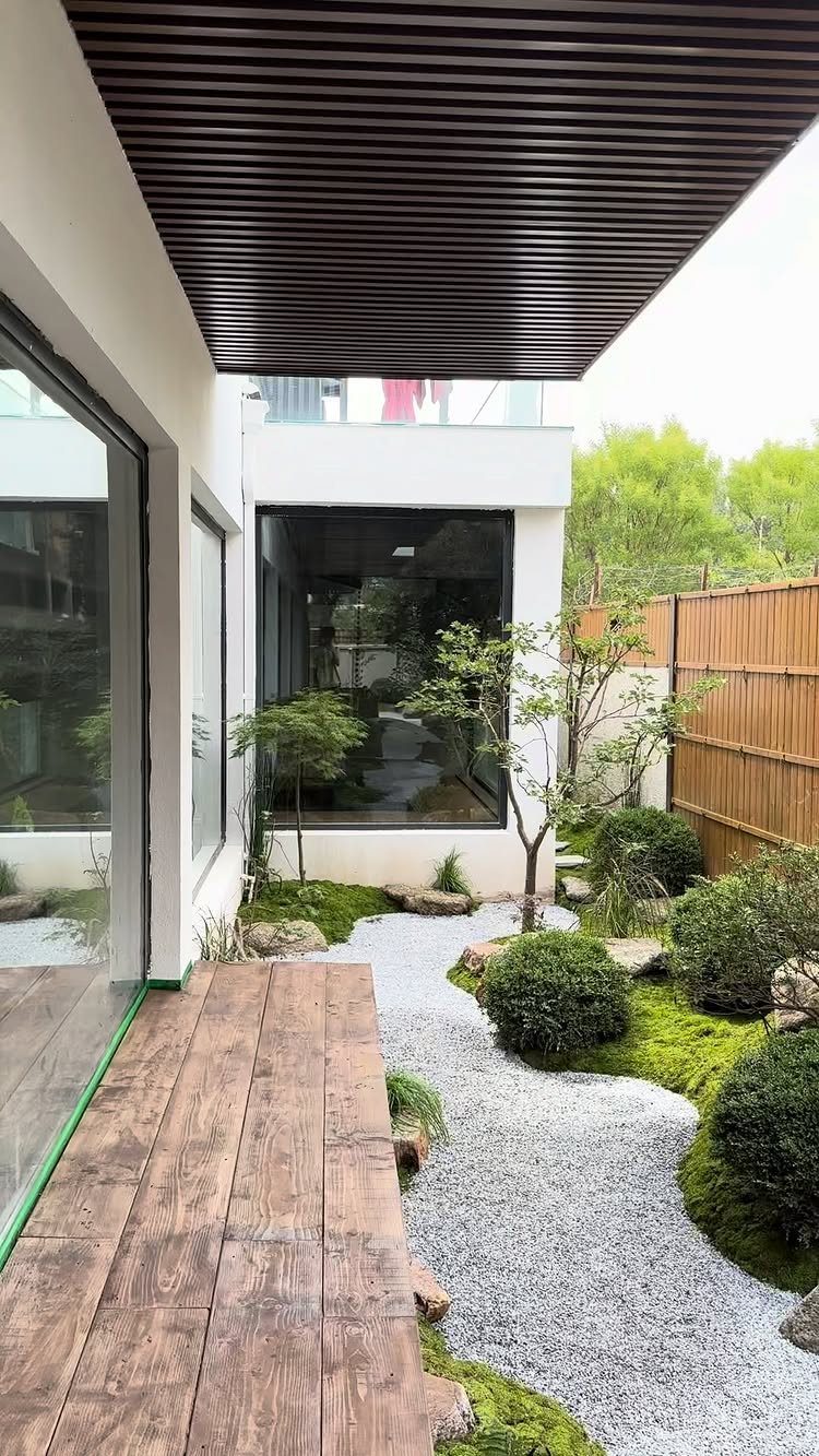 Light grey gravel path winding through green moss and small shrubs in a minimalist courtyard garden.