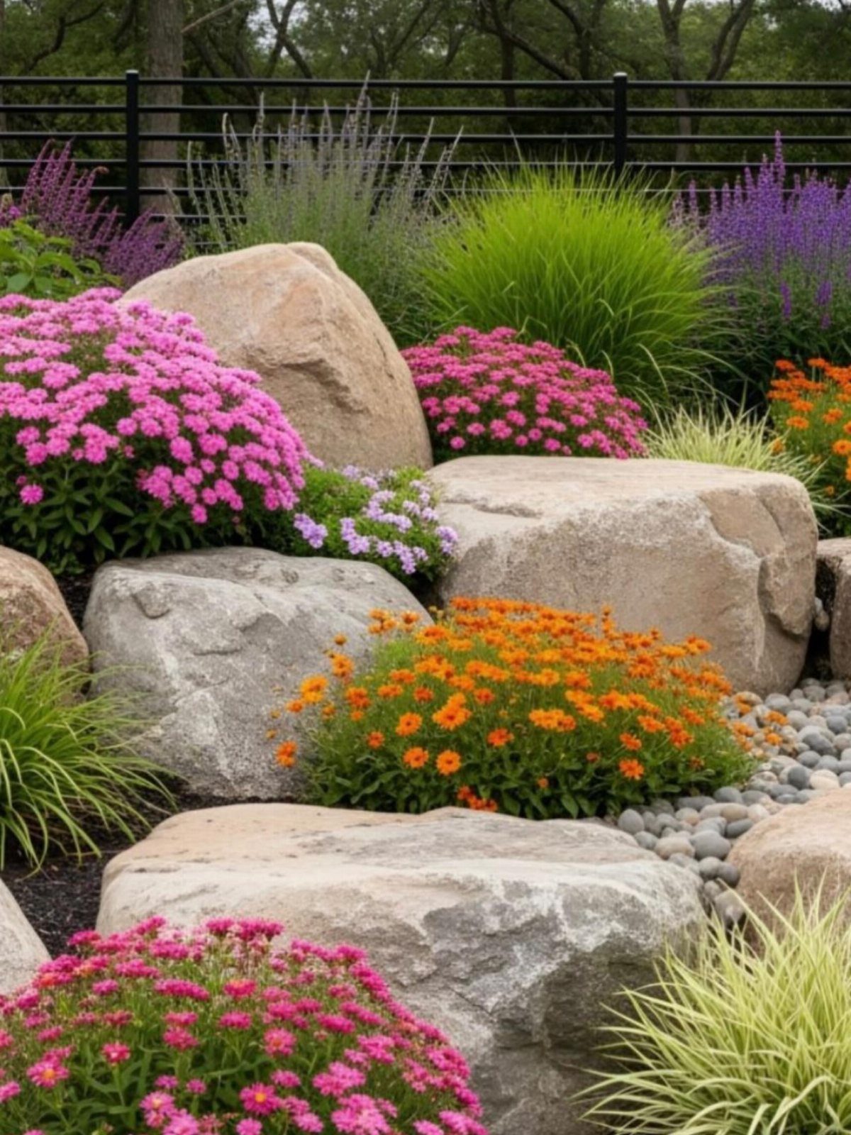Large tan boulders surrounded by colorful pink and orange flowers and green ornamental grasses.