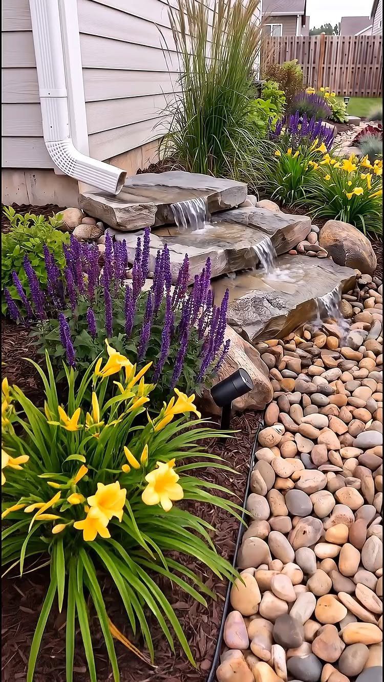 Water flowing over tiered flat stones into a river rock bed surrounded by colorful garden flowers.