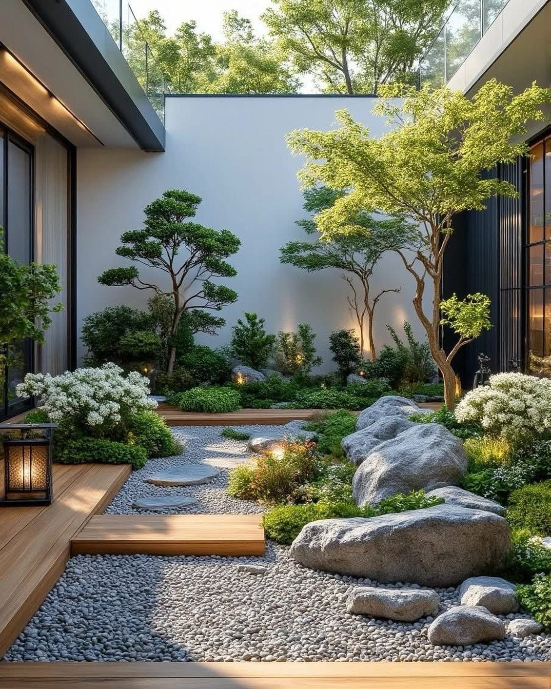 A minimalist courtyard garden with grey gravel, large rocks, green shrubs, and wooden decking.